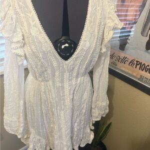 Free People White Mini Dress with ruffled sleeves
